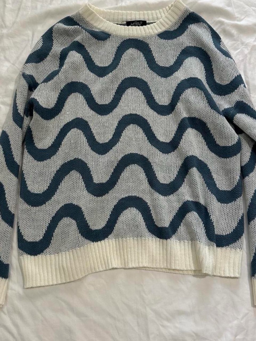 Wavy Stripe Knit Sweater in Cream and Teal